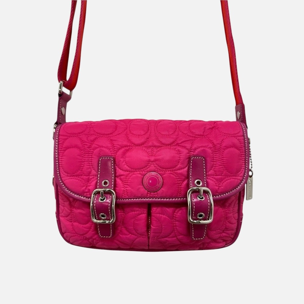 Coach Quilted Signature Nylon Field Messenger Bag Fuchsia Pink Suede 4061